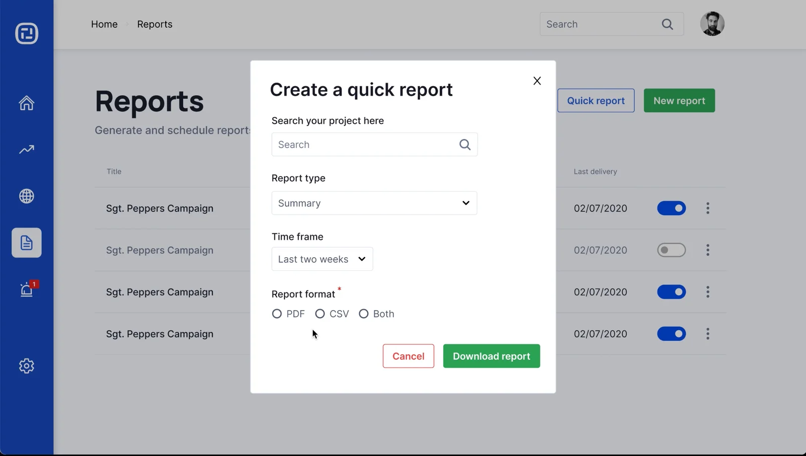 Ion Interactive create quick report modal — project search, type, time frame, format
